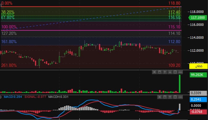 حركة سهم أفالون فارما بين 114 و119 ريال مع مستويات الدعم عند 114 والمقاومة عند 119 و122.80